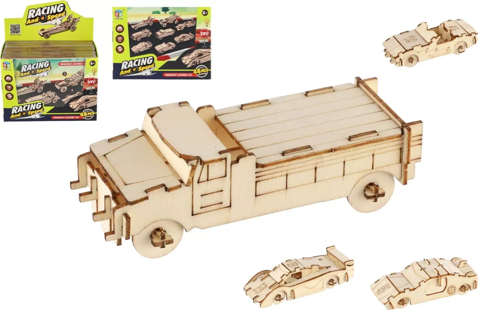 Dřevěné 3D puzzle – závodní auto, sada 4 ks