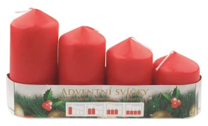 Červené adventní svíčky válcové 60–105 × 50 mm, sada 4 ks – postupka, výdrž až 30 h