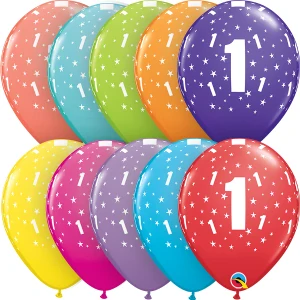 Potisk číslo 1 mix barev 11"/28cm - 6ks Balónek Qualatex