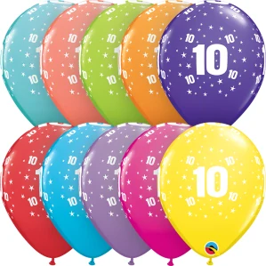 Potisk číslo 10 mix barev 11"/28cm - 6ks Balónek Qualatex