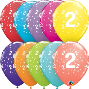 Potisk číslo 2 mix barev 11"/28cm - 6ks Balónek Qualatex