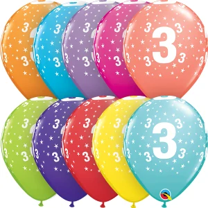 Potisk číslo 3 mix barev 11"/28cm - 6ks Balónek Qualatex