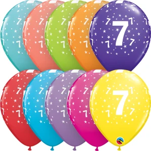 Potisk číslo 7 mix barev 11"/28cm - 6ks Balónek Qualatex