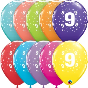 Potisk číslo 9 mix barev 11"/28cm - 6ks Balónek Qualatex