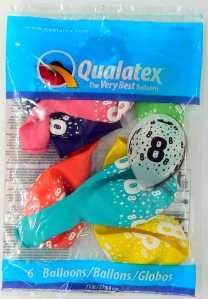 Potisk číslo 8 mix barev 11"/28cm - 6ks Balónek Qualatex