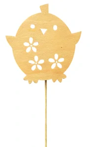 Dřevěné kuře 7,5 x 8 x 0,5 cm žluté + drátek