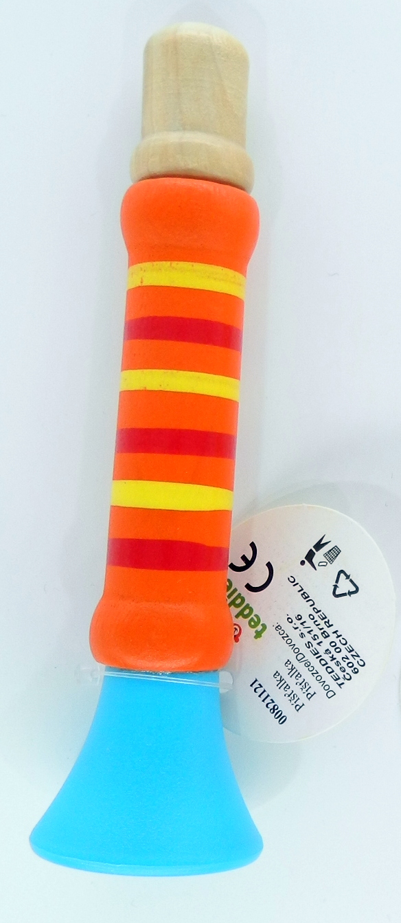 Píšťalka dřevěná barevná 12 cm
